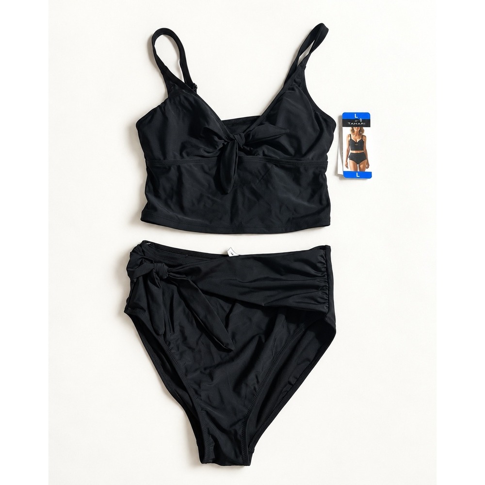 Tahari Womens Black Two Piece Swimsuit High Waisted Tankini Set UPF 40+ Large